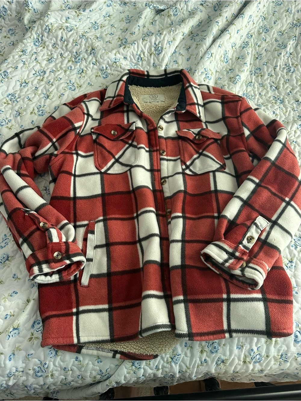 Sage Red & White Plaid Sherpa-Lined Jacket
